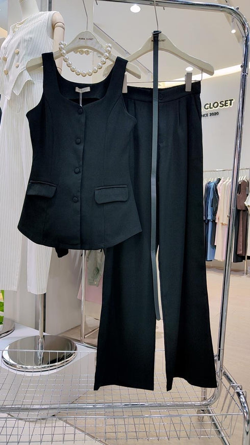 Single Breasted Square Neck Tops And Trousers Sets With Belt